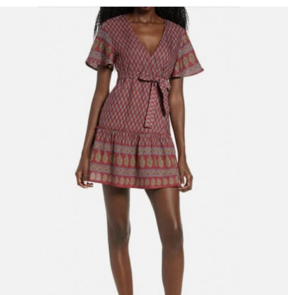 NEW $72 RAGA Avah Faux Wrap Mini Dress Small Anthropologie Boho wine multi